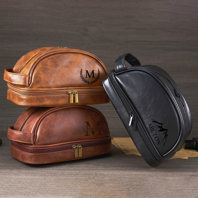 Picture of Custom Double Layer Leather Toiletry Bag for Men | Personalized Groomsmen Gifts | Gift for Father