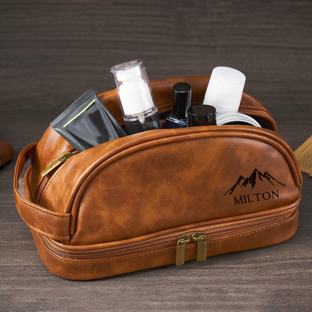 Picture of Custom Double Layer Leather Toiletry Bag for Men | Personalized Groomsmen Gifts | Gift for Father