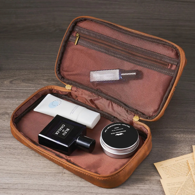 Picture of Custom Double Layer Leather Toiletry Bag for Men | Personalized Groomsmen Gifts | Gift for Father
