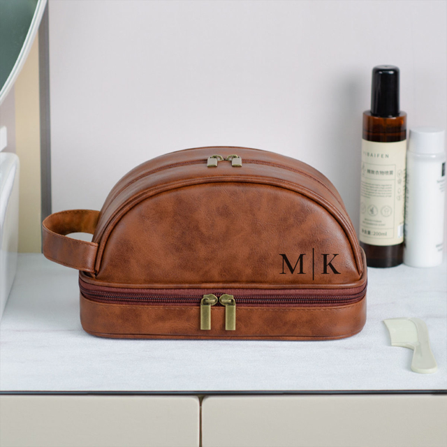 Picture of Custom Double Layer Leather Toiletry Bag for Men | Personalized Groomsmen Gifts | Gift for Father