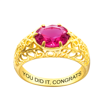 Picture of Gold 925 Sterling Oval Birthstone Class Ring With Filigree Hidden Year | Custom Graduation Ring