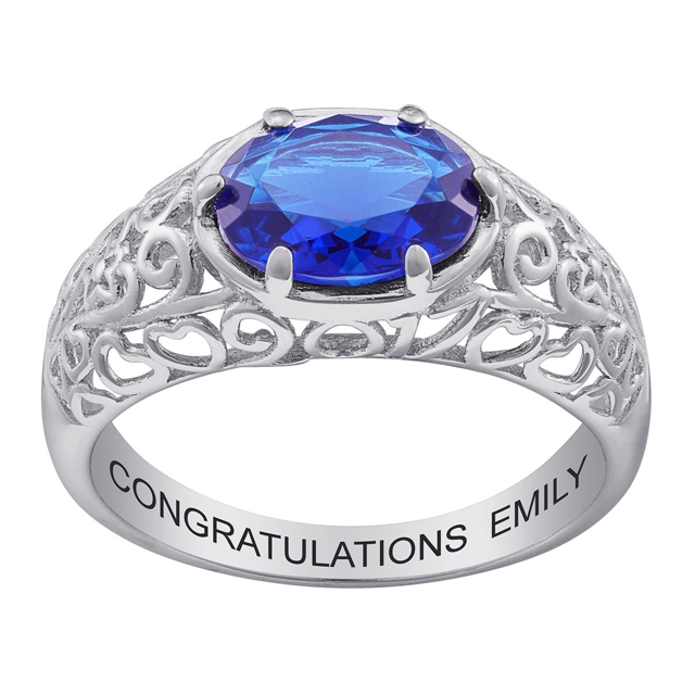 Picture of Gold 925 Sterling Oval Birthstone Class Ring With Filigree Hidden Year | Custom Graduation Ring