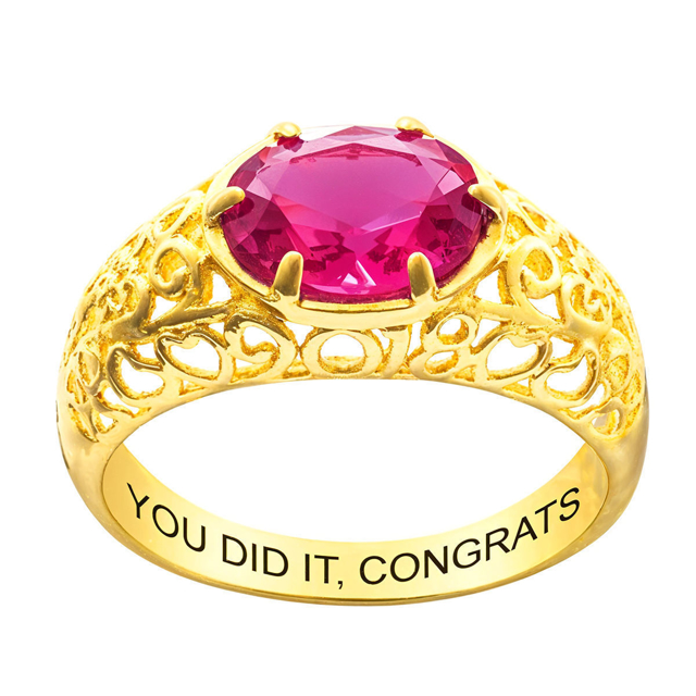 Picture of Gold 925 Sterling Oval Birthstone Class Ring With Filigree Hidden Year | Custom Graduation Ring