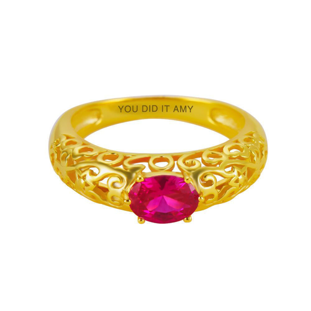 Picture of Gold 925 Sterling Oval Birthstone Class Ring With Filigree Hidden Year | Custom Graduation Ring