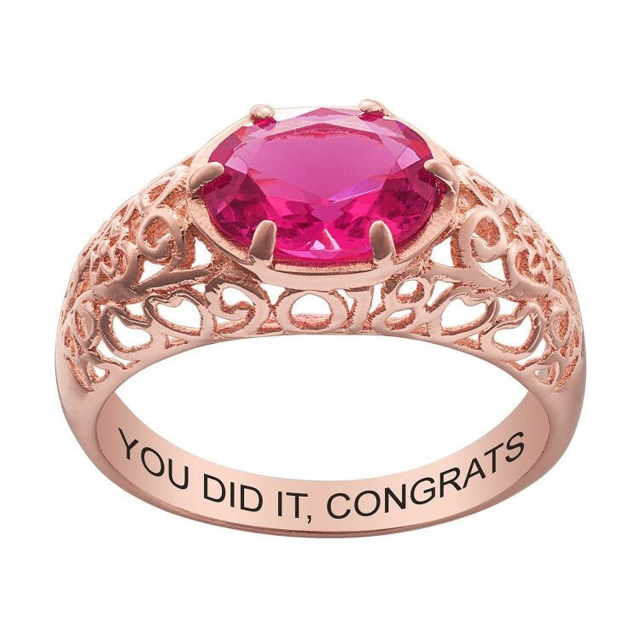 Picture of Gold 925 Sterling Oval Birthstone Class Ring With Filigree Hidden Year | Custom Graduation Ring