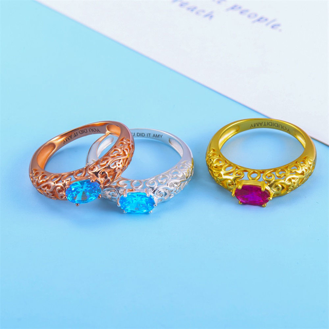 Picture of Gold 925 Sterling Oval Birthstone Class Ring With Filigree Hidden Year | Custom Graduation Ring