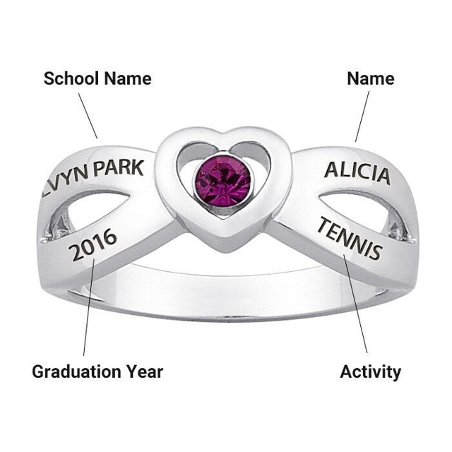 Picture of Ladies Sterling Silver Cross Over Heart Class Ring | Custom Graduation Ring