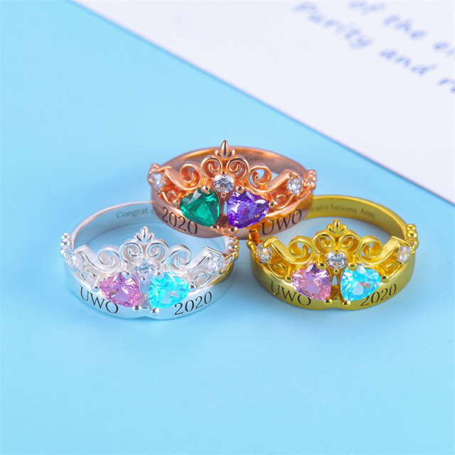 Picture of Engravable Double Heart Gemstone Tiara Graduation Ring with Accents | Graduation Gift
