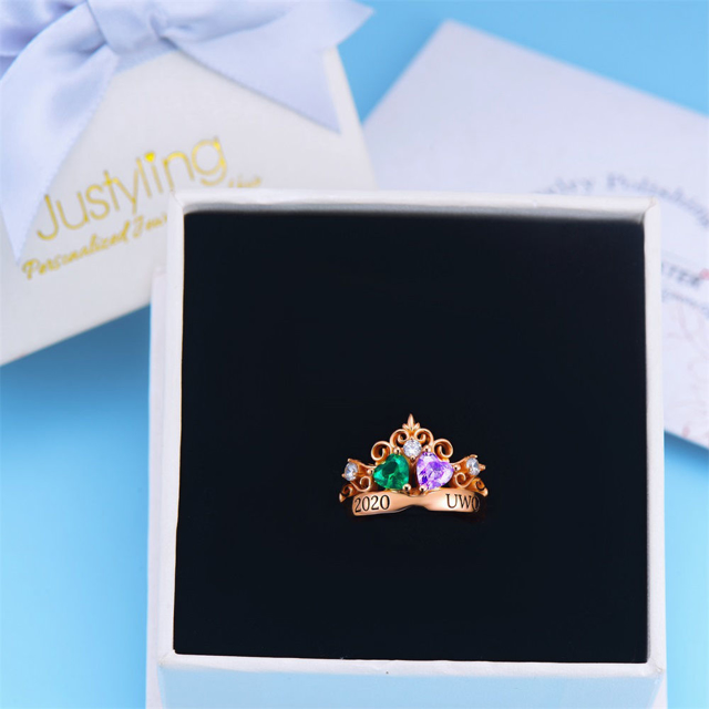 Picture of Engravable Double Heart Gemstone Tiara Graduation Ring with Accents | Graduation Gift