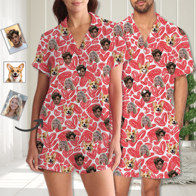 Picture of Custom Face Pajamas Full Set Short Sleeves | Personalised Summer Pajamas Unisex Set