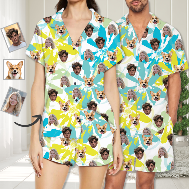 Picture of Custom Summer Pajamas Full Set with Short Sleeves | Personalized Face Unisex Pajamas Set for Couples