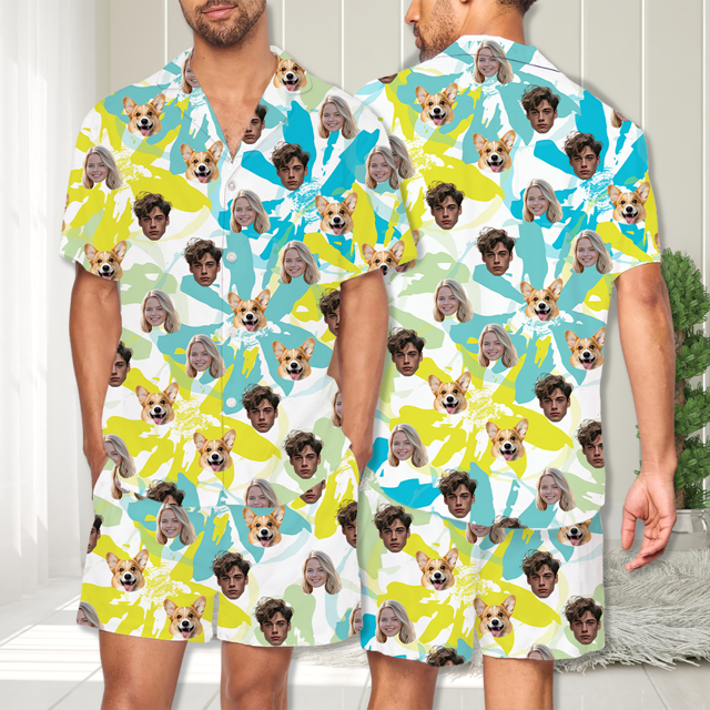 Picture of Custom Summer Pajamas Full Set with Short Sleeves | Personalized Face Unisex Pajamas Set for Couples