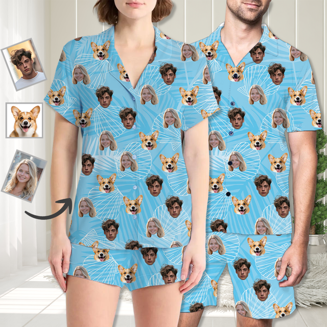 Picture of Custom Face Pajamas Full Set with Short Sleeves | Personalized Unisex Pajamas Set for Summer Day