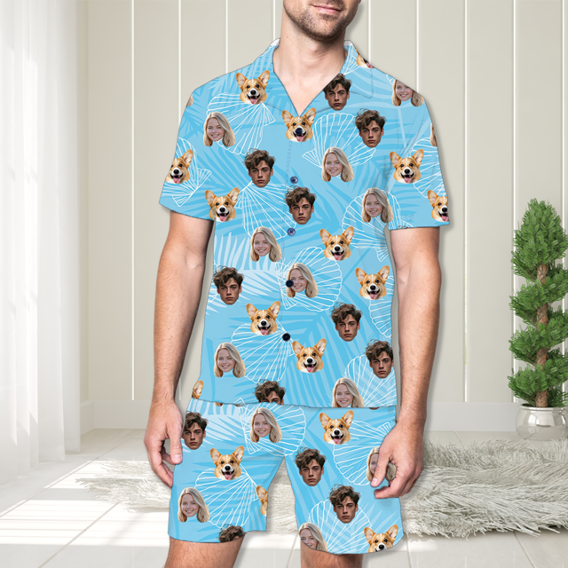 Picture of Custom Face Pajamas Full Set with Short Sleeves | Personalized Unisex Pajamas Set for Summer Day