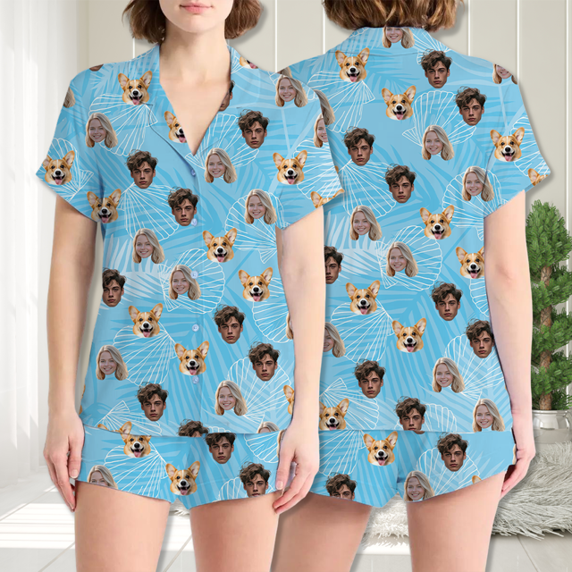 Picture of Custom Face Pajamas Full Set with Short Sleeves | Personalized Unisex Pajamas Set for Summer Day