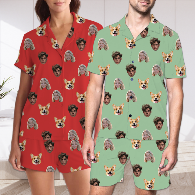 Picture of Custom Short Sleeves Face Pajamas Full Set | Personalised Unisex Summer Day Pajama Set