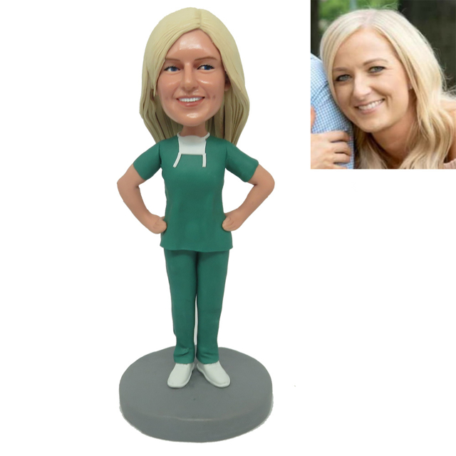 Picture of Custom Bobbleheads: Female Doctor Green Scrubs | Personalized Bobbleheads for the Special Someone as a Unique Gift Idea｜Best Gift Idea for Doctor