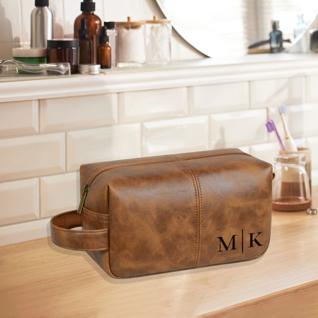 Picture of Personalized Leather Toiletry Bag - Men's Easy Carry Travel Bag | Birthday Gift | Simple but Elegant