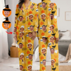 Picture of Custom Halloween Pajamas | Halloween Theme Custom Pajamas | Personalized Face Long Sleeve Pajama Set | Yellow Pumpkin Ghost Theme