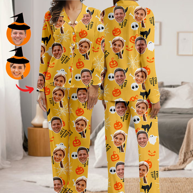 Picture of Custom Halloween Pajamas | Halloween Theme Custom Pajamas | Personalized Face Long Sleeve Pajama Set | Yellow Pumpkin Ghost Theme