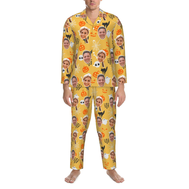 Picture of Custom Halloween Pajamas | Halloween Theme Custom Pajamas | Personalized Face Long Sleeve Pajama Set | Yellow Pumpkin Ghost Theme