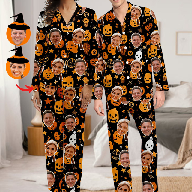 Picture of Custom Halloween Pajamas | Halloween Themed Custom Pajamas | Personalized Face Long Sleeve Pajama Set | Pumpkin Face Theme