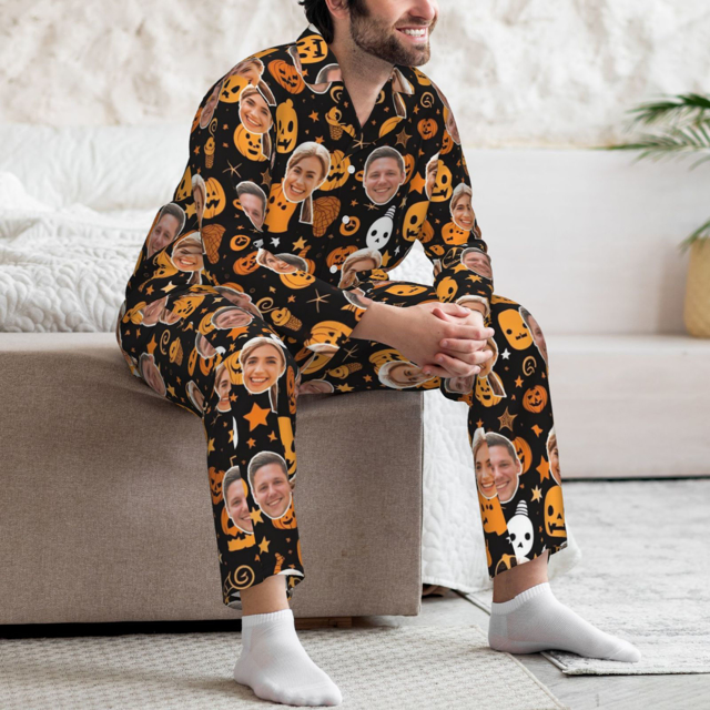 Picture of Custom Halloween Pajamas | Halloween Themed Custom Pajamas | Personalized Face Long Sleeve Pajama Set | Pumpkin Face Theme