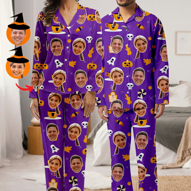 Picture of Custom Halloween Pajamas | Halloween Themed Custom Pajamas | Personalized Face Long Sleeve Pajama Set | Purple Halloween Style