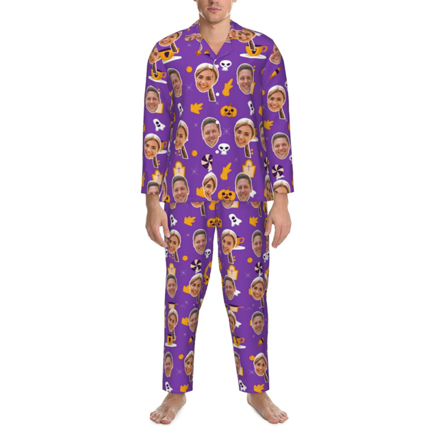 Picture of Custom Halloween Pajamas | Halloween Themed Custom Pajamas | Personalized Face Long Sleeve Pajama Set | Purple Halloween Style