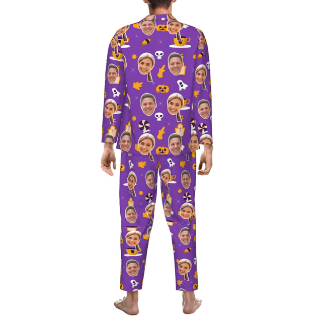 Picture of Custom Halloween Pajamas | Halloween Themed Custom Pajamas | Personalized Face Long Sleeve Pajama Set | Purple Halloween Style