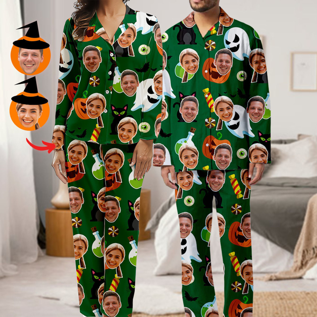 Picture of Custom Halloween Pajamas | Halloween Theme Custom Pajamas | Personalized Face Long Sleeve Pajama Set | Green Pumpkin Ghost Theme