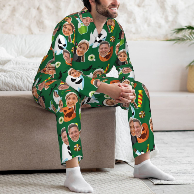 Picture of Custom Halloween Pajamas | Halloween Theme Custom Pajamas | Personalized Face Long Sleeve Pajama Set | Green Pumpkin Ghost Theme