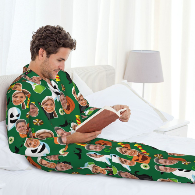 Picture of Custom Halloween Pajamas | Halloween Theme Custom Pajamas | Personalized Face Long Sleeve Pajama Set | Green Pumpkin Ghost Theme