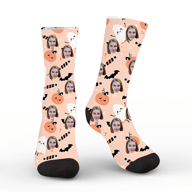 Picture of Personalized Socks  | Halloween Custom Face Socks | Kawaii Cute Ghost and Pumpkin | Personalized Socks for Men Women Kids