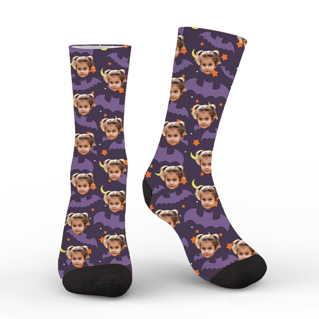 Picture of Personalized Socks  | Halloween Custom Face Socks | Bats and Stars Personalized Funny Socks | Personalized Socks for Men Women Kids