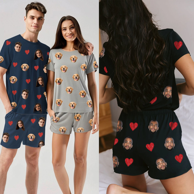 Picture of Custom Cozy Short Sleeves Face Pajamas Full Set | Personalised Unisex Summer Pajama Gift Sets | Custom Pajama