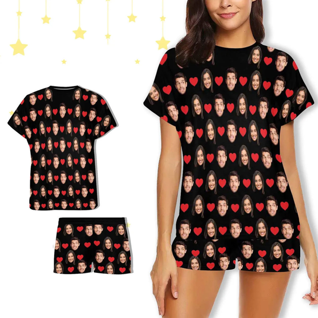 Picture of Custom Cozy Short Sleeves Face Pajamas Full Set | Personalised Unisex Summer Pajama Gift Sets | Custom Pajama