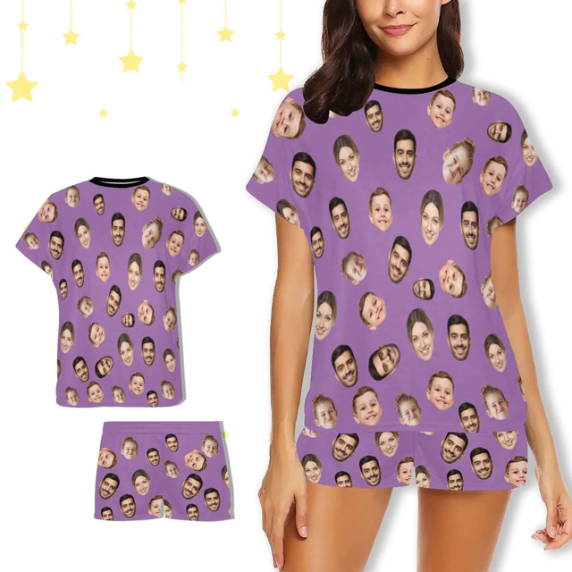 Picture of Custom Cozy Short Sleeves Face Pajamas Full Set | Personalised Unisex Summer Pajama Gift Sets | Custom Pajama
