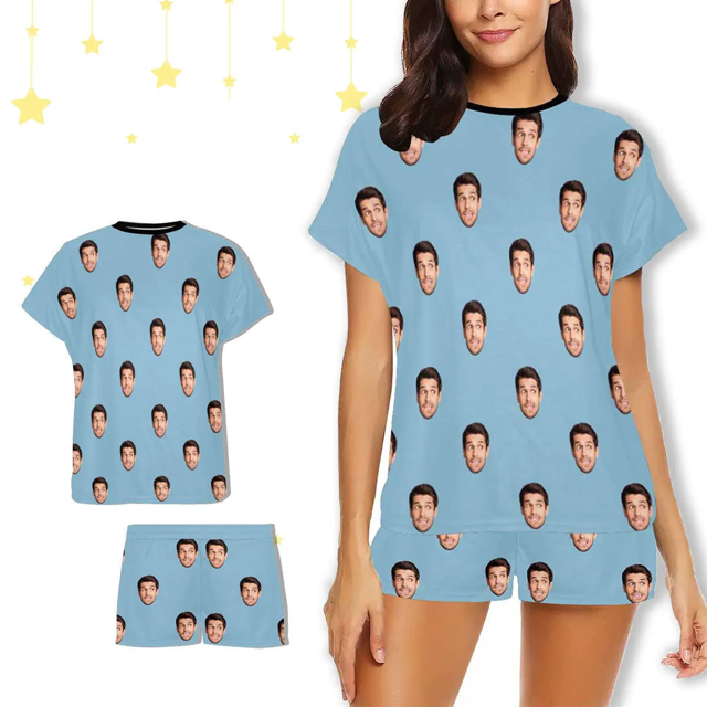 Picture of Custom Cozy Short Sleeves Face Pajamas Full Set | Personalised Unisex Summer Pajama Gift Sets | Custom Pajama