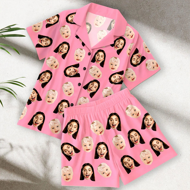 Picture of Custom Short Sleeves Face Pajamas Full Set | Personalised Unisex Summer Pajama Gift Sets | Custom Pajama