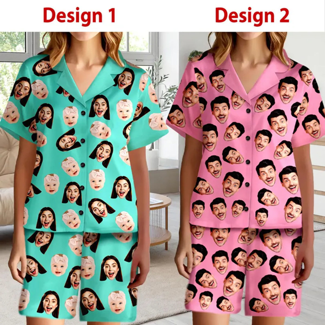 Picture of Custom Short Sleeves Face Pajamas Full Set | Personalised Unisex Summer Pajama Gift Sets | Custom Pajama