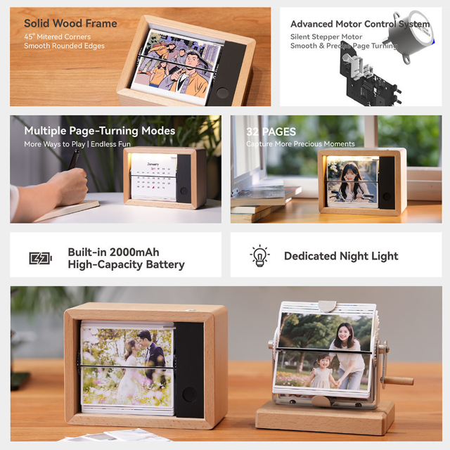 Picture of Custom Motorized Flip Book | Auto Page Turning | Rechargeable Personalised Flip Album with Wooden Frame | Wooden Home Decor