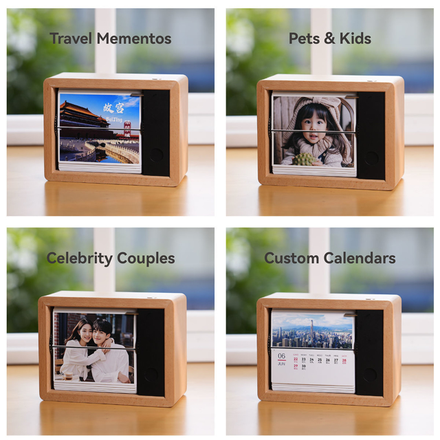 Picture of Custom Motorized Flip Book | Auto Page Turning | Rechargeable Personalised Flip Album with Wooden Frame | Wooden Home Decor