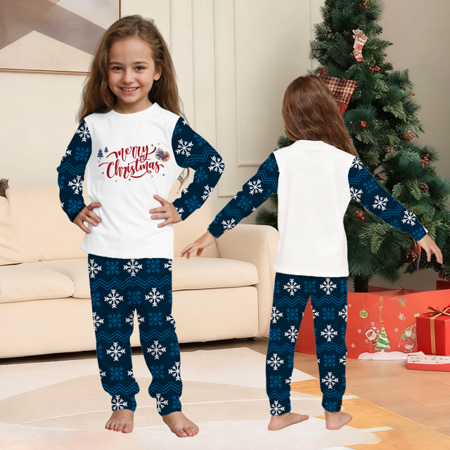 Picture of Family Pajama Set - Family Christmas Pajama Set - Navy Blue Snowflake Merry Christmas Parent-Child Pajamas - Crew Neck Pajamas