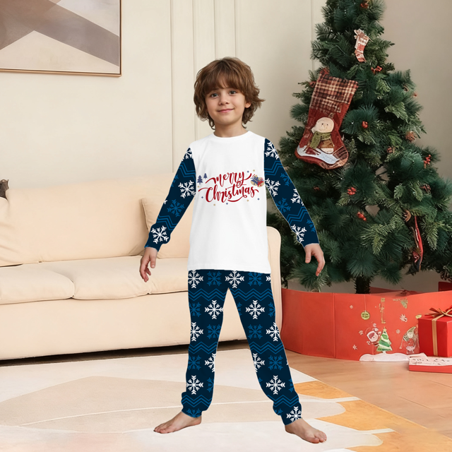 Picture of Family Pajama Set - Family Christmas Pajama Set - Navy Blue Snowflake Merry Christmas Parent-Child Pajamas - Crew Neck Pajamas