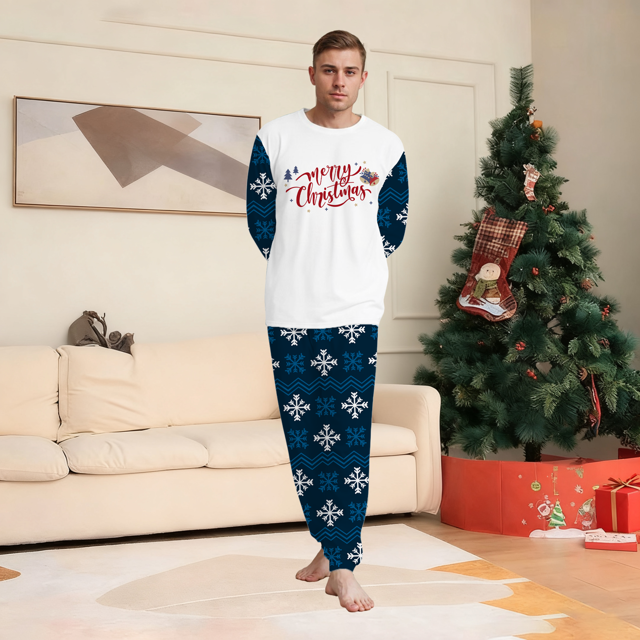 Picture of Family Pajama Set - Family Christmas Pajama Set - Navy Blue Snowflake Merry Christmas Parent-Child Pajamas - Crew Neck Pajamas