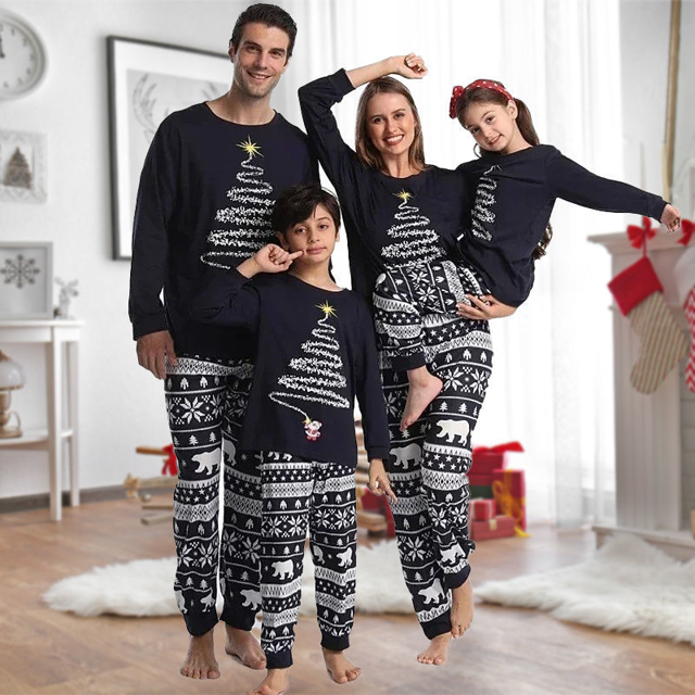 Picture of Family Pajama Set - Family Christmas Pajama Sets - Navy Blue Long Sleeves Pajamas - Sparkle Tree