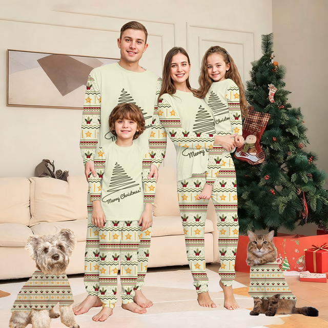 Picture of Family Pajama Set - Family Christmas Pajamas Set - ordic Tree & Vintage Festive Prints - Crew Neck Pajamas