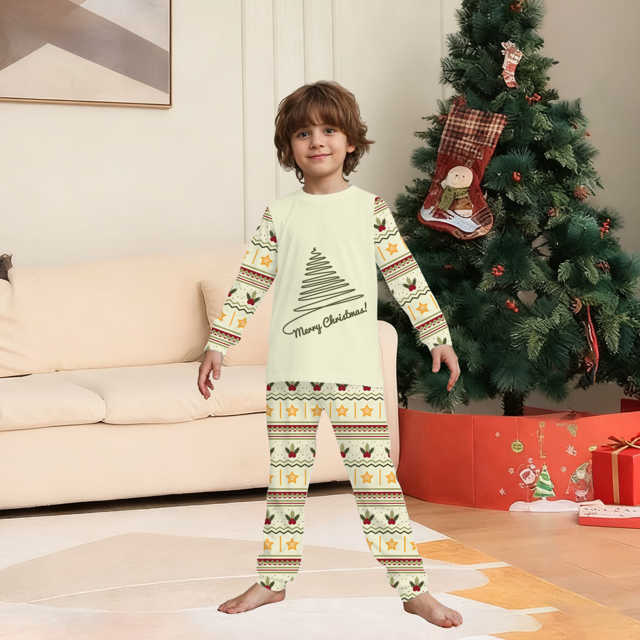 Picture of Family Pajama Set - Family Christmas Pajamas Set - ordic Tree & Vintage Festive Prints - Crew Neck Pajamas
