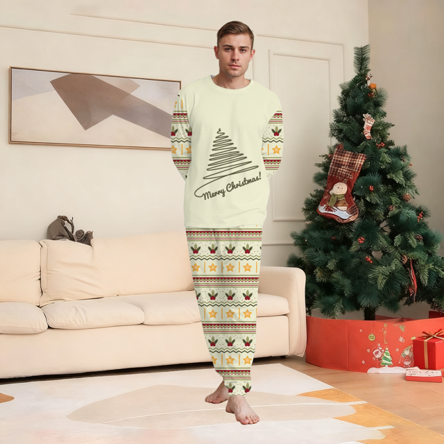 Picture of Family Pajama Set - Family Christmas Pajamas Set - ordic Tree & Vintage Festive Prints - Crew Neck Pajamas